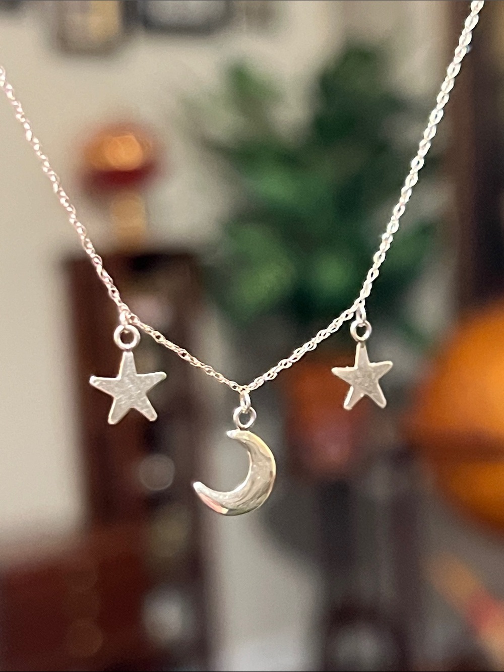 Vintage 10k Solid Gold Celestial Crescent Moon Stars Charm Dainty Chain Necklace